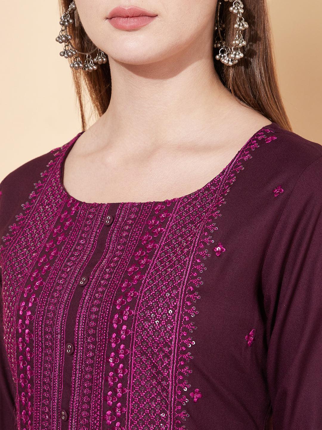 Ethnic Embroidered Straight Fit Kurta - Deep Wine - Indiakreations