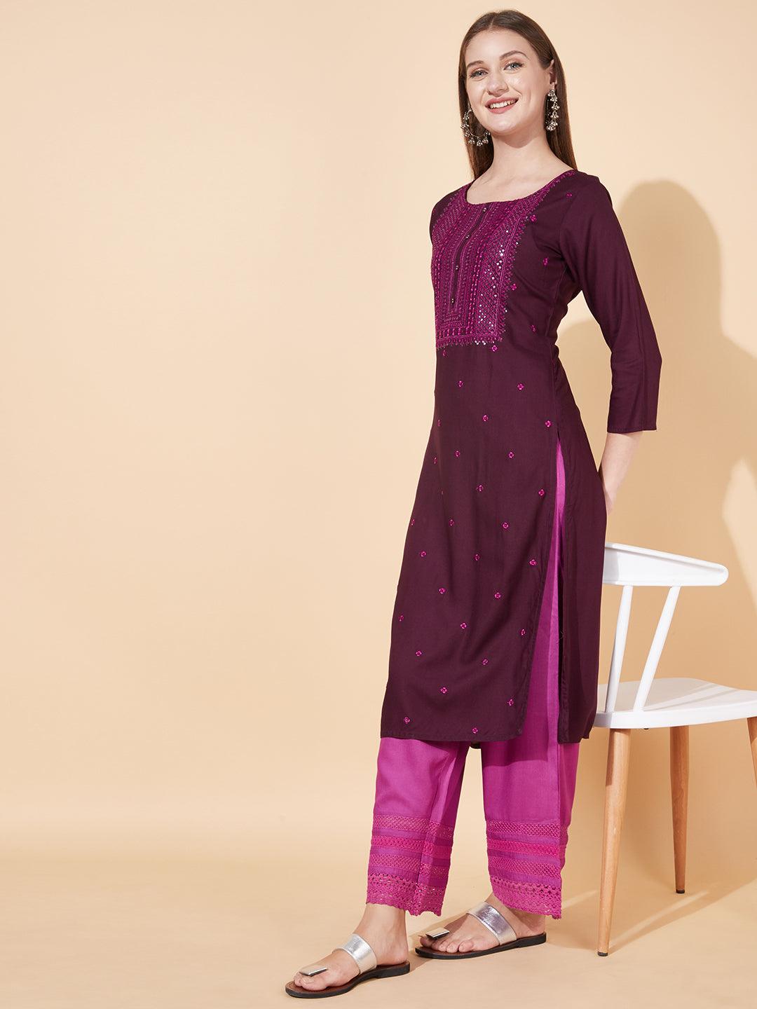 Ethnic Embroidered Straight Fit Kurta - Deep Wine - Indiakreations