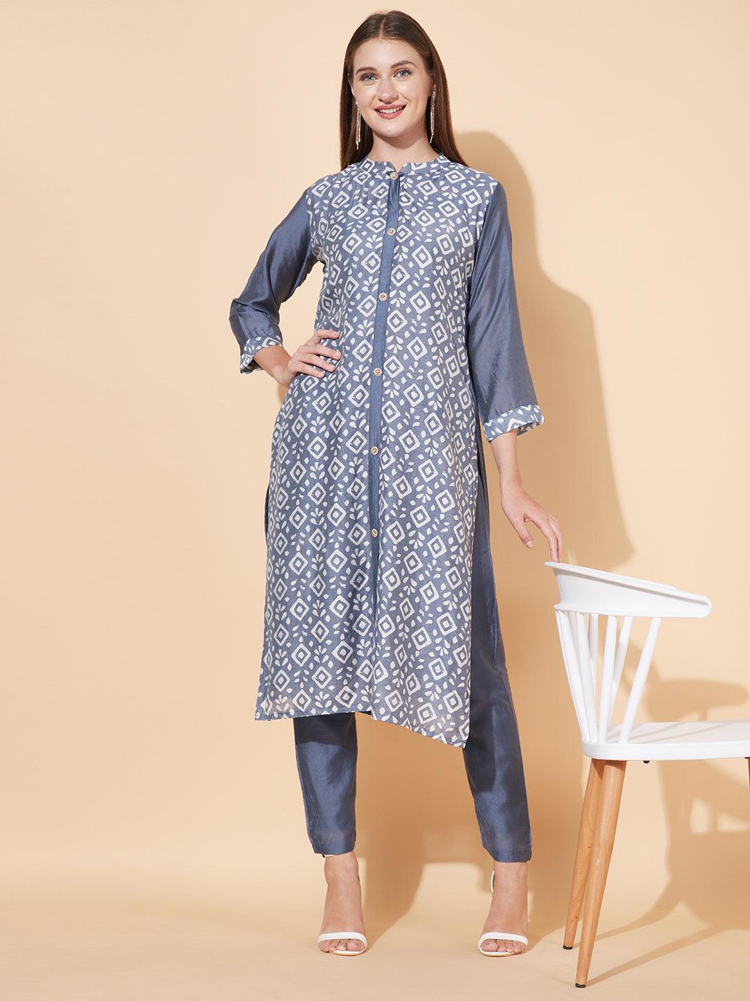 Ethnic Printed Straight Fit Kurta with Pants - Powder Blue - Indiakreations