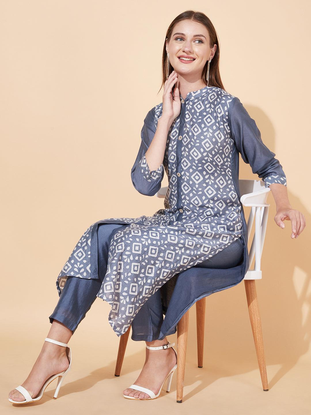 Ethnic Printed Straight Fit Kurta with Pants - Powder Blue - Indiakreations