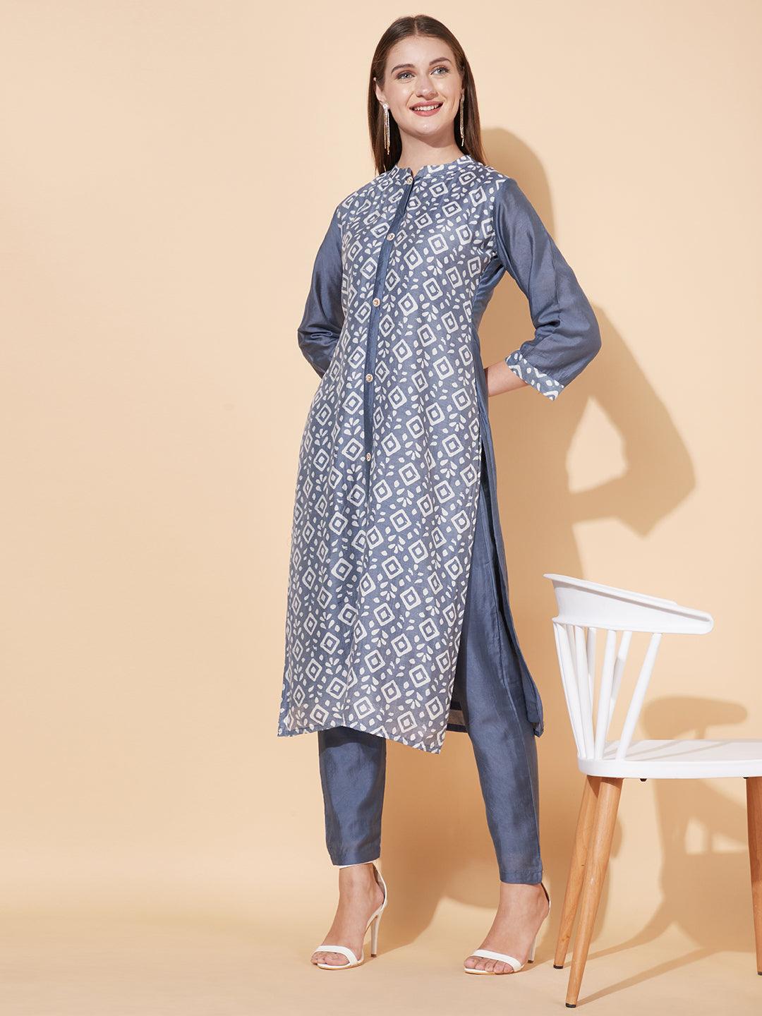 Ethnic Printed Straight Fit Kurta with Pants - Powder Blue - Indiakreations