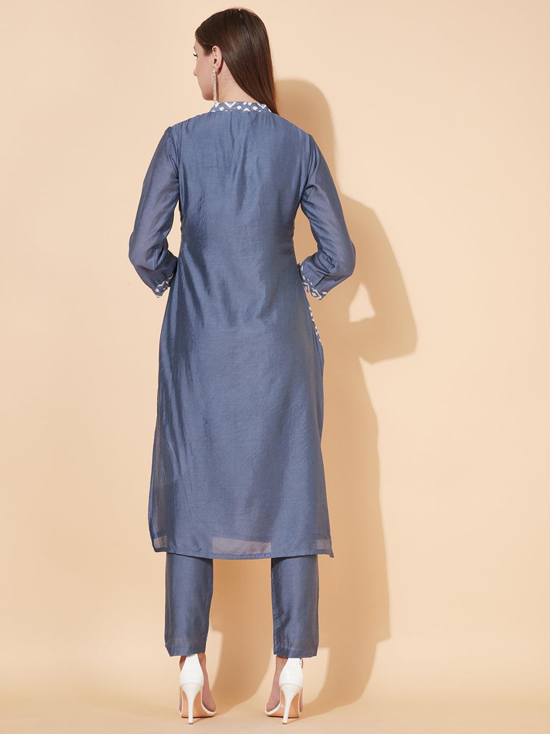 Ethnic Printed Straight Fit Kurta with Pants - Powder Blue - Indiakreations