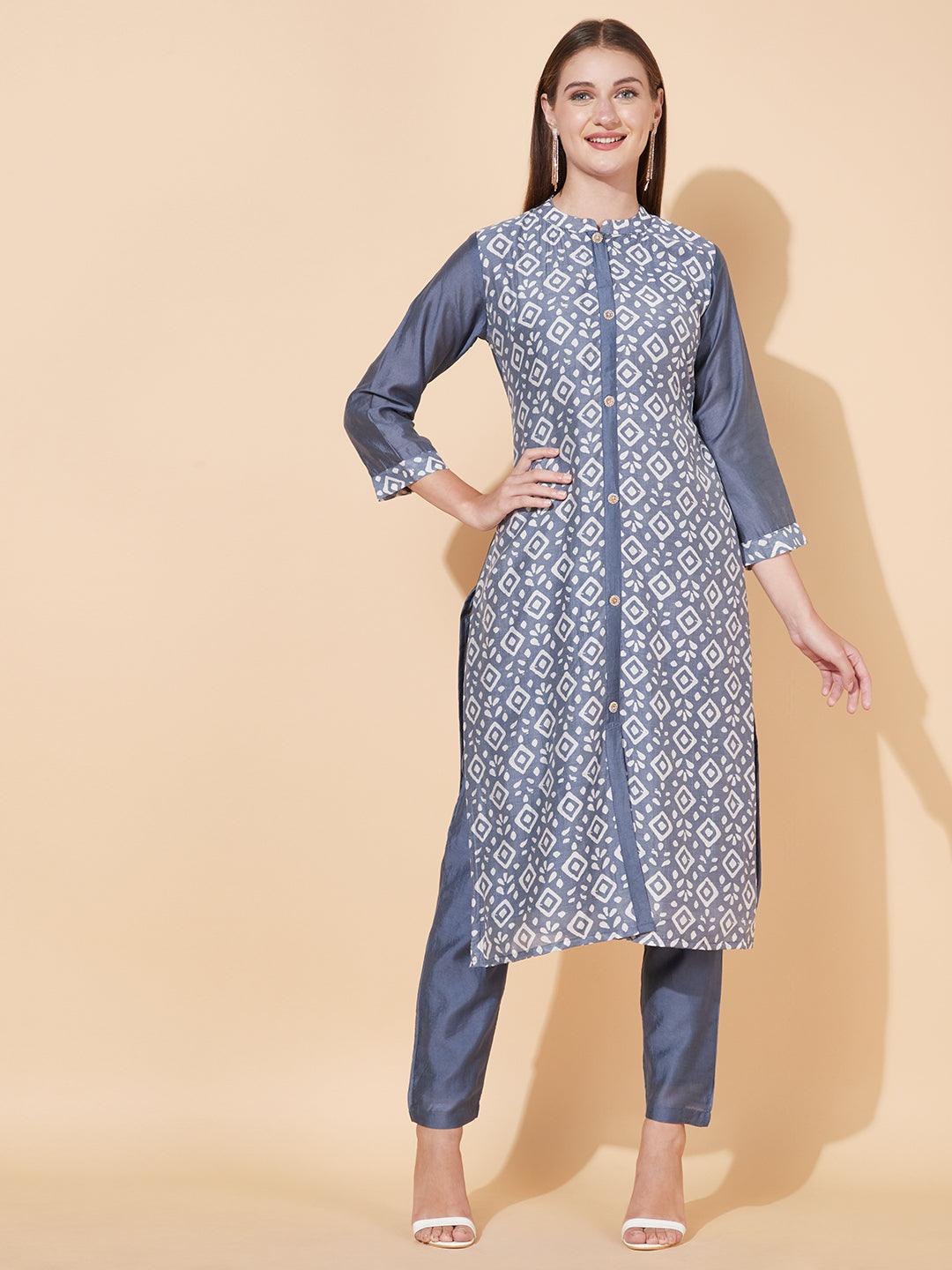 Ethnic Printed Straight Fit Kurta with Pants - Powder Blue - Indiakreations