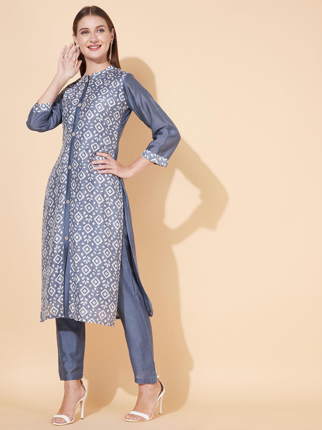 Ethnic Printed Straight Fit Kurta with Pants - Powder Blue - Indiakreations