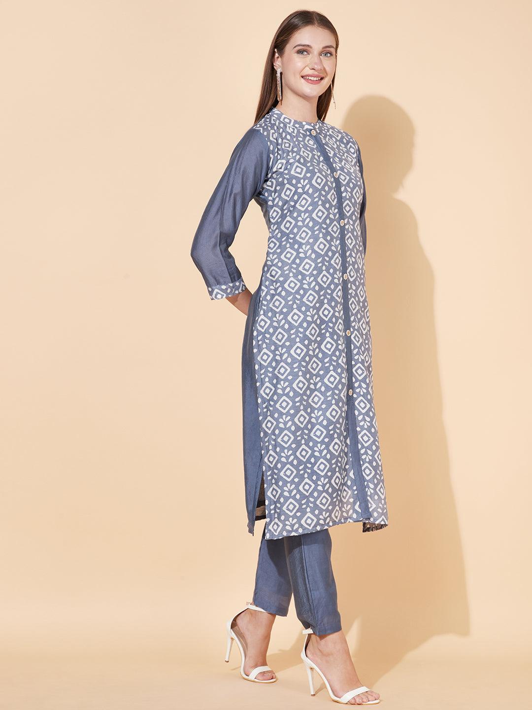 Ethnic Printed Straight Fit Kurta with Pants - Powder Blue - Indiakreations