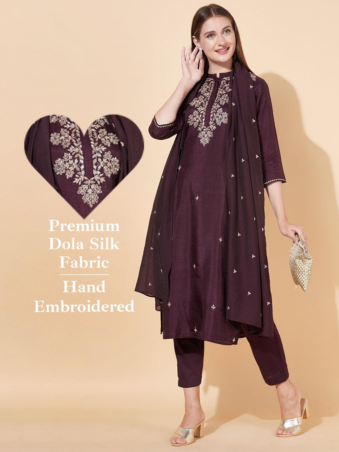 Floral Hand Embroidered Kurta with Pants & Dupatta - Deep Wine - Indiakreations