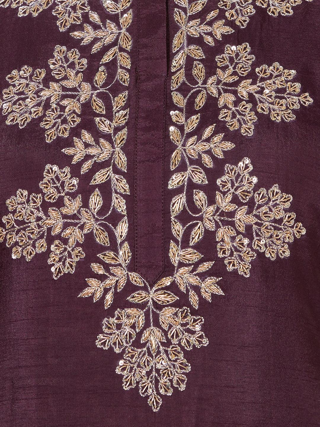 Floral Hand Embroidered Kurta with Pants & Dupatta - Deep Wine - Indiakreations