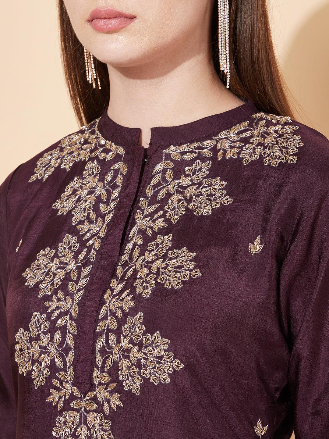 Floral Hand Embroidered Kurta with Pants & Dupatta - Deep Wine - Indiakreations