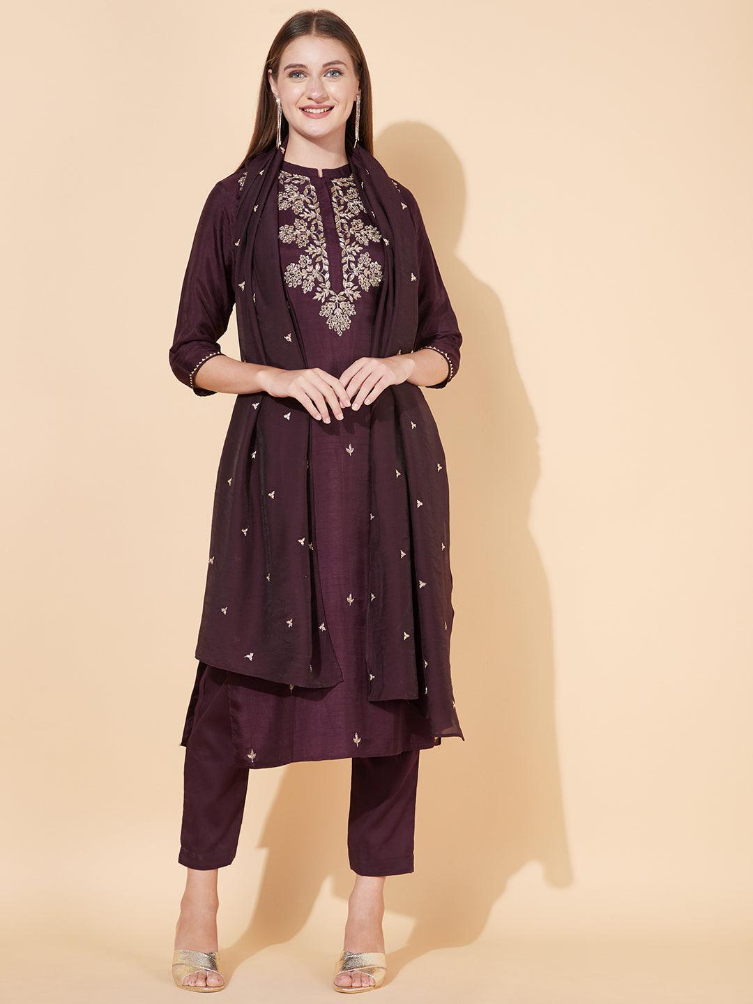 Floral Hand Embroidered Kurta with Pants & Dupatta - Deep Wine - Indiakreations