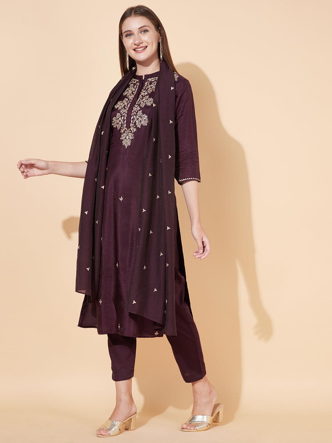 Floral Hand Embroidered Kurta with Pants & Dupatta - Deep Wine - Indiakreations