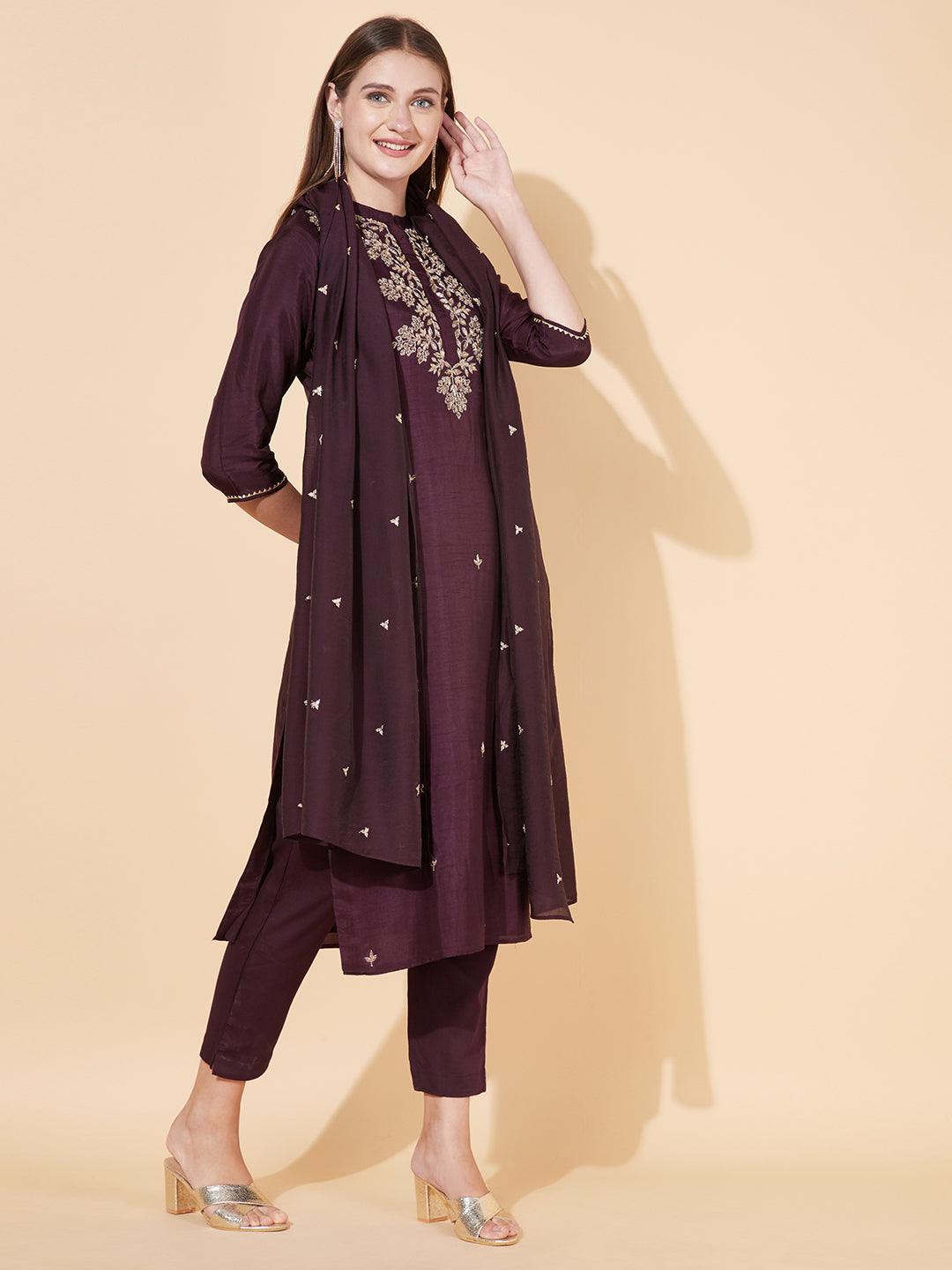 Floral Hand Embroidered Kurta with Pants & Dupatta - Deep Wine - Indiakreations