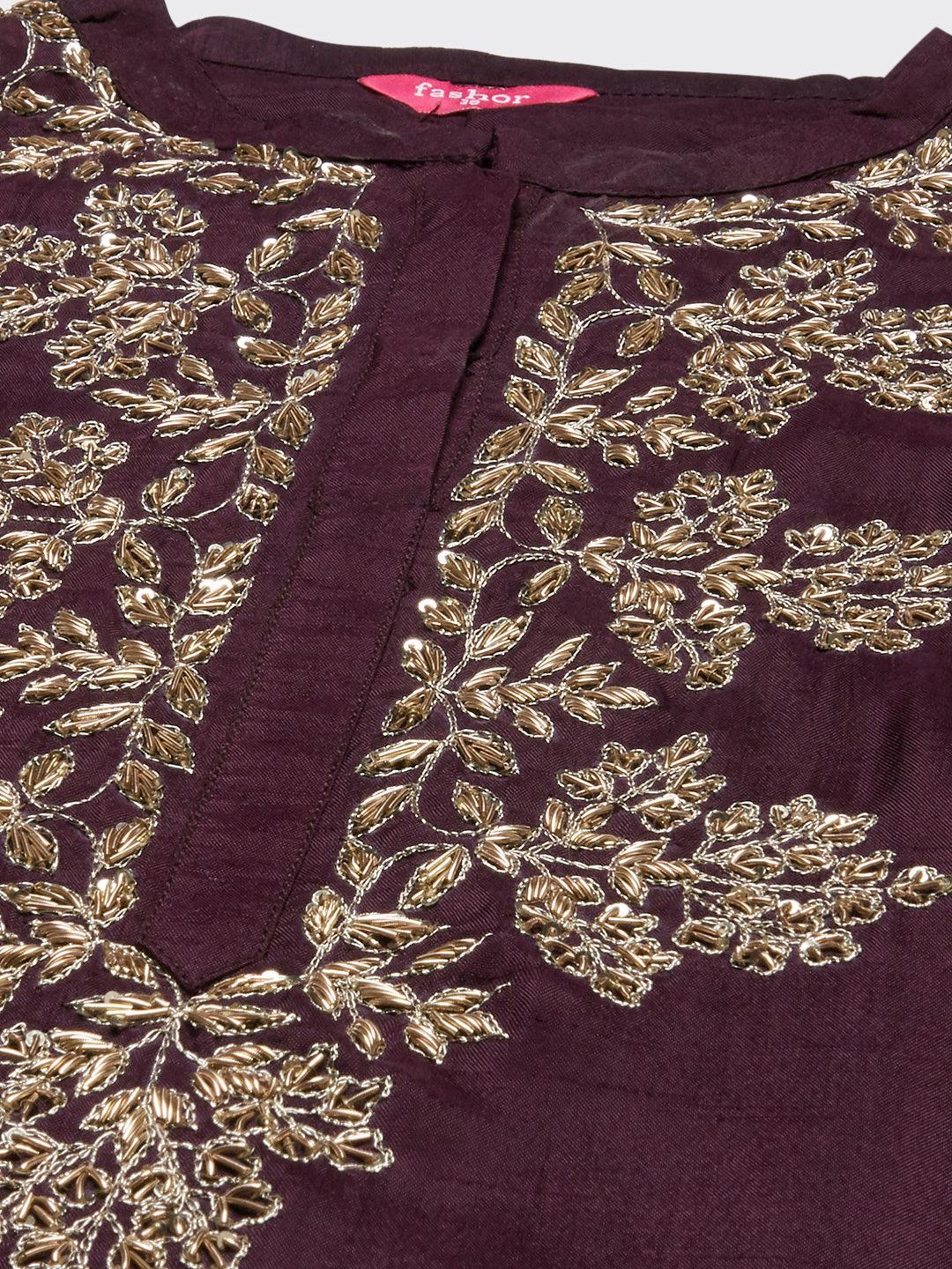 Floral Hand Embroidered Kurta with Pants & Dupatta - Deep Wine - Indiakreations