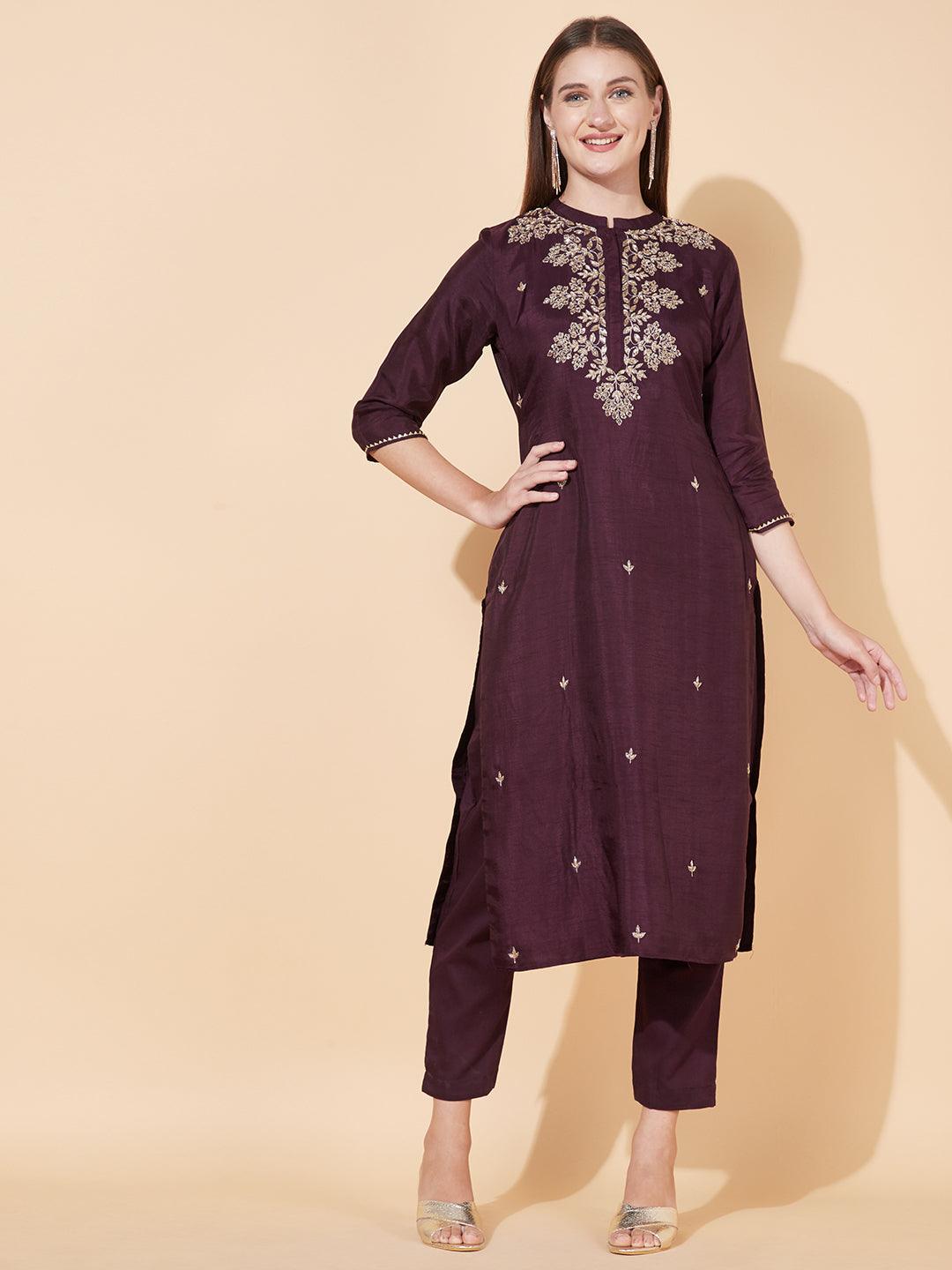 Floral Hand Embroidered Kurta with Pants & Dupatta - Deep Wine - Indiakreations