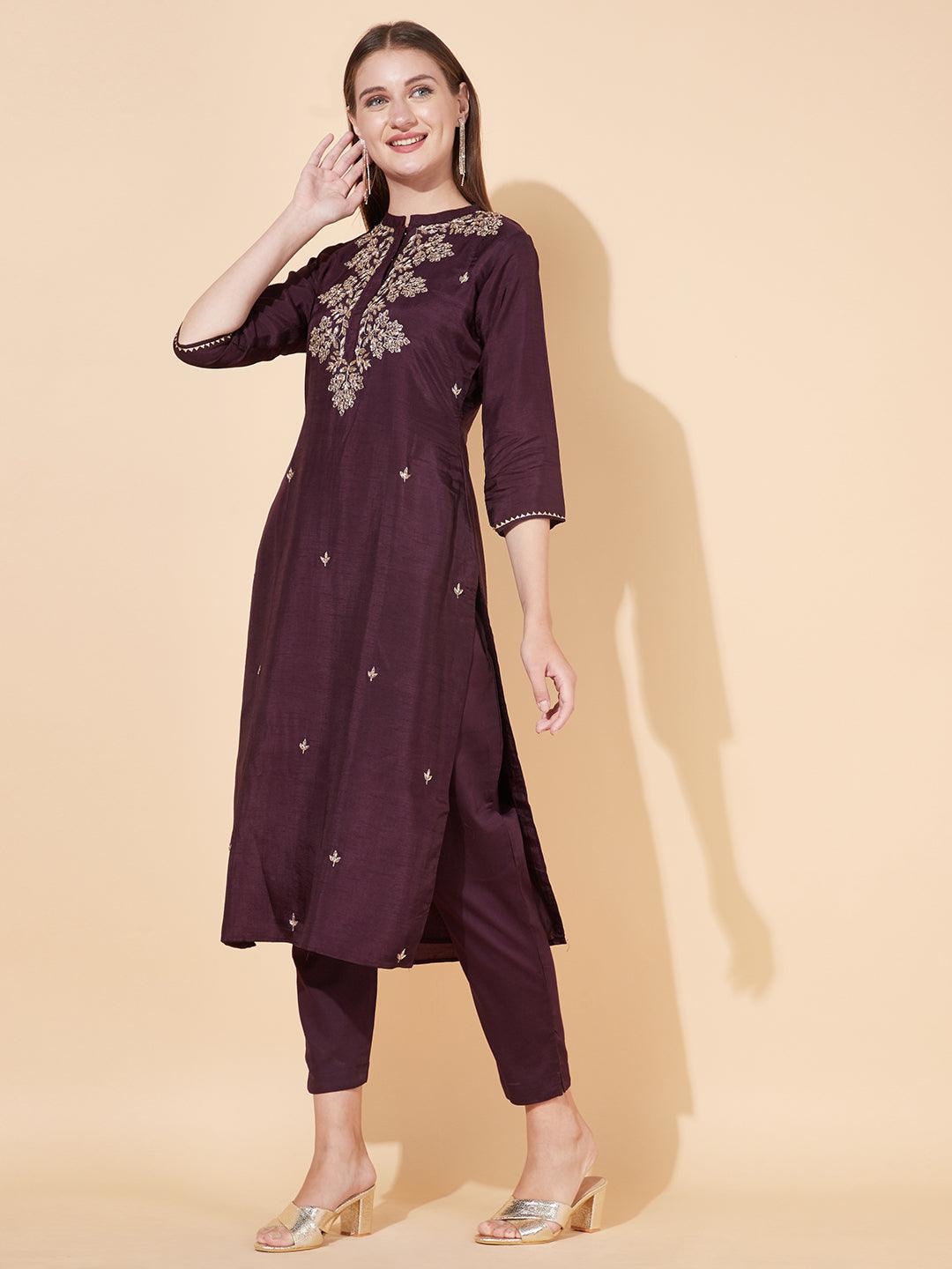 Floral Hand Embroidered Kurta with Pants & Dupatta - Deep Wine - Indiakreations