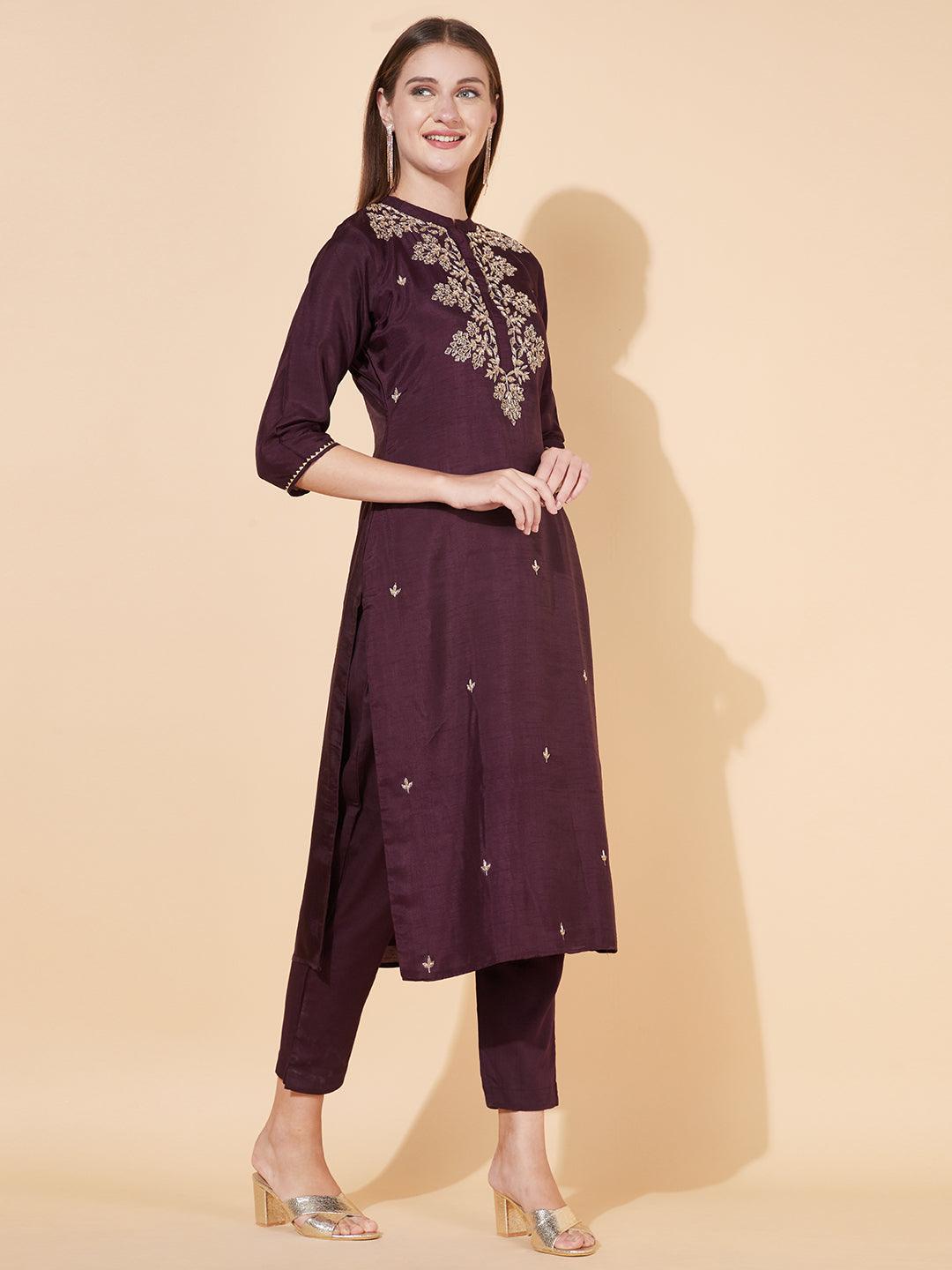 Floral Hand Embroidered Kurta with Pants & Dupatta - Deep Wine - Indiakreations