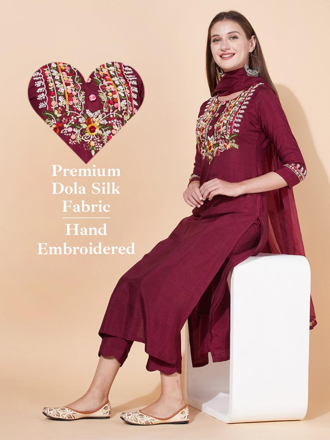 Floral Hand Embroidered Kurta with Pants & Dupatta - Wine - Indiakreations