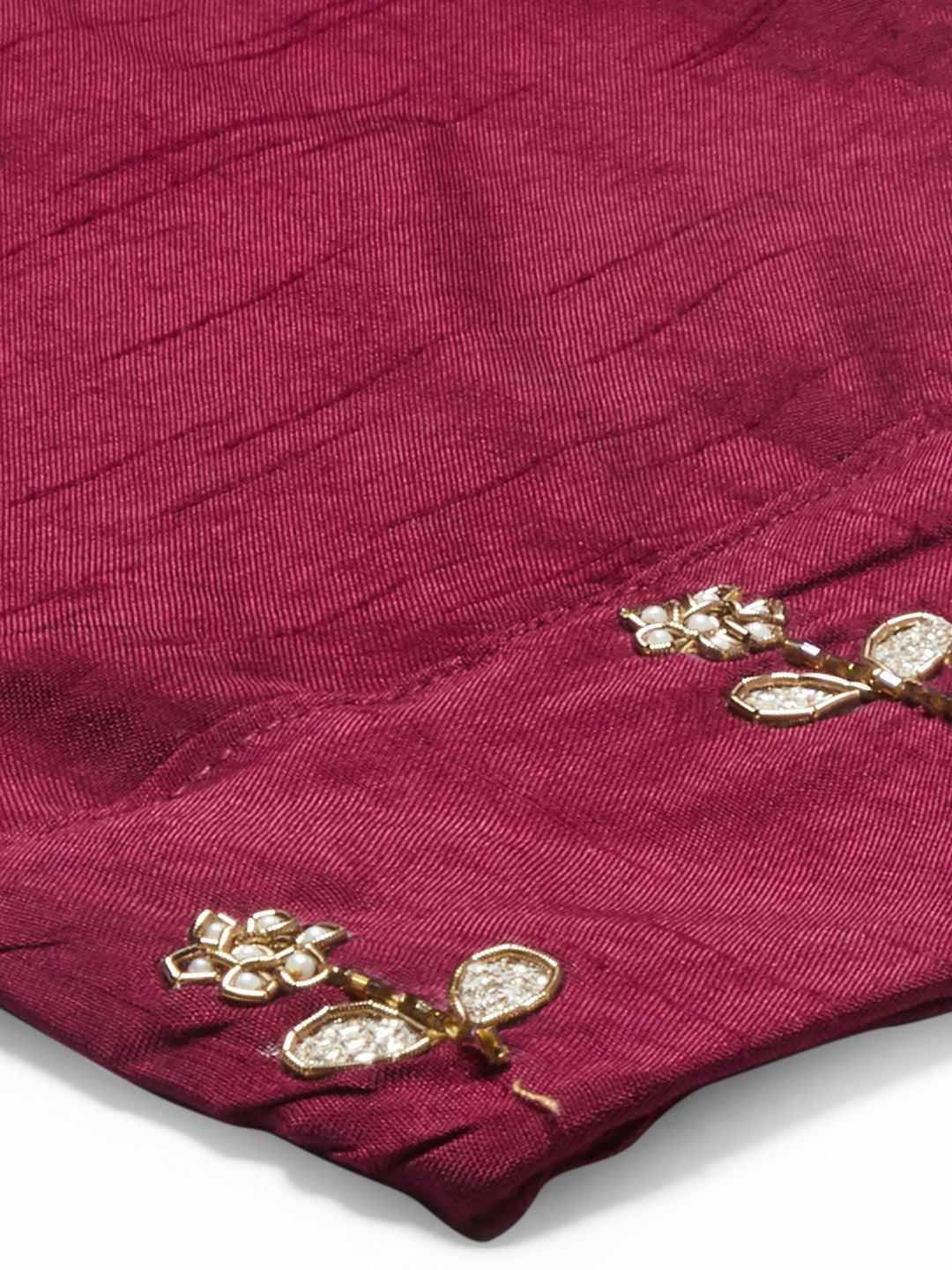 Floral Hand Embroidered Kurta with Pants & Dupatta - Wine - Indiakreations