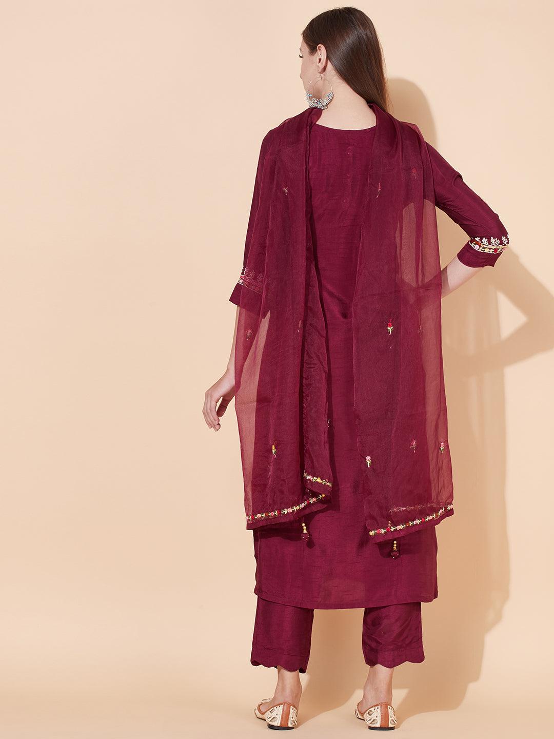 Floral Hand Embroidered Kurta with Pants & Dupatta - Wine - Indiakreations