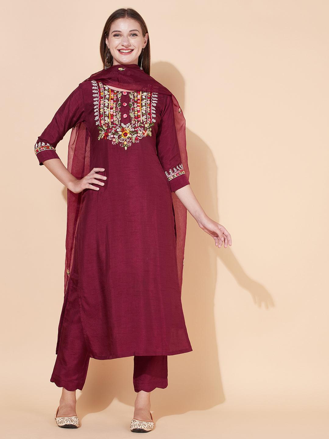 Floral Hand Embroidered Kurta with Pants & Dupatta - Wine - Indiakreations