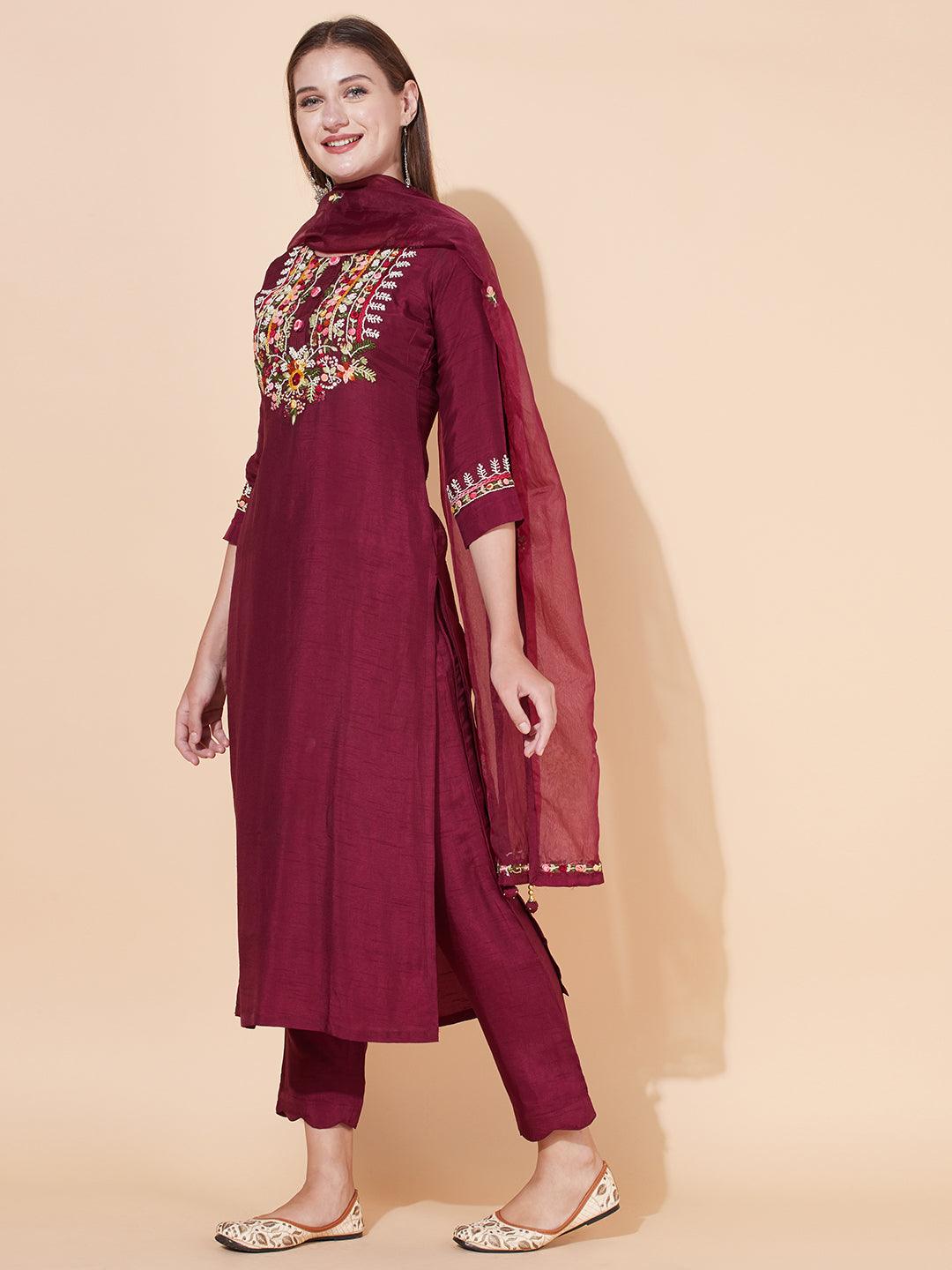 Floral Hand Embroidered Kurta with Pants & Dupatta - Wine - Indiakreations