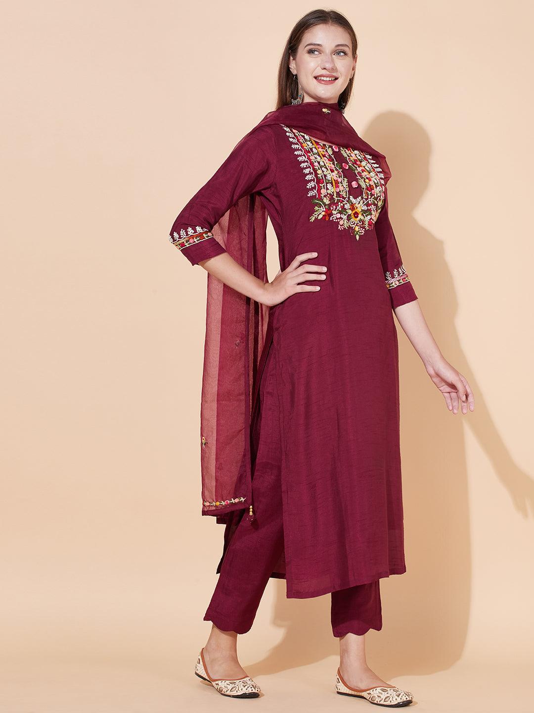 Floral Hand Embroidered Kurta with Pants & Dupatta - Wine - Indiakreations