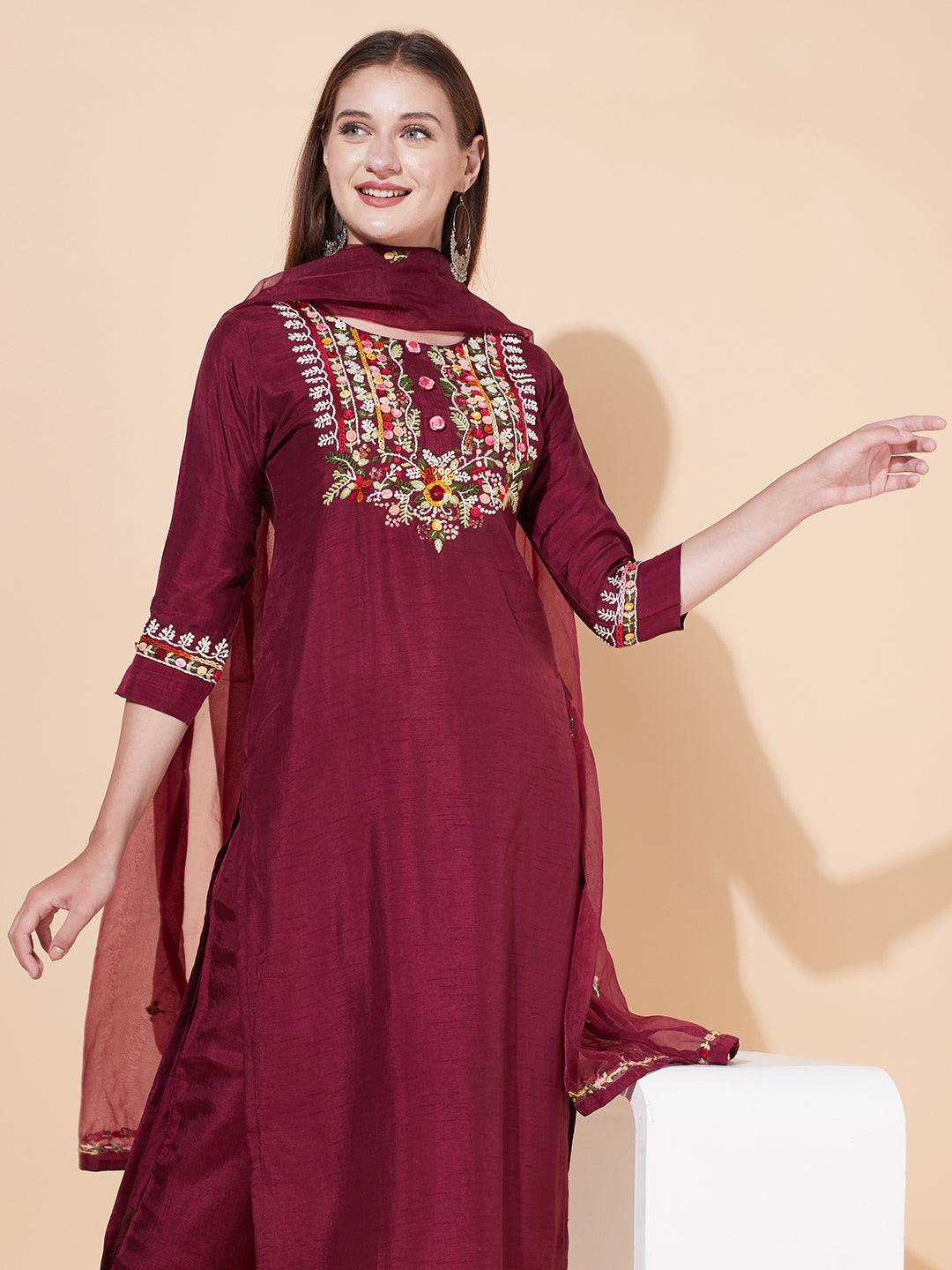 Floral Hand Embroidered Kurta with Pants & Dupatta - Wine - Indiakreations