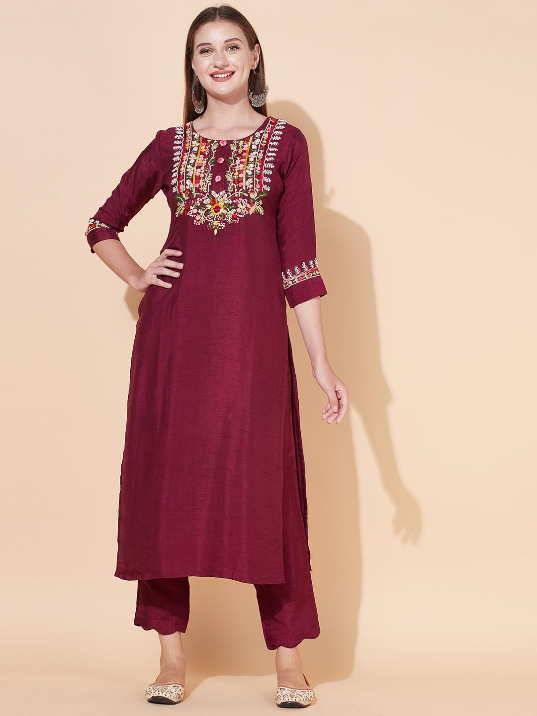 Floral Hand Embroidered Kurta with Pants & Dupatta - Wine - Indiakreations