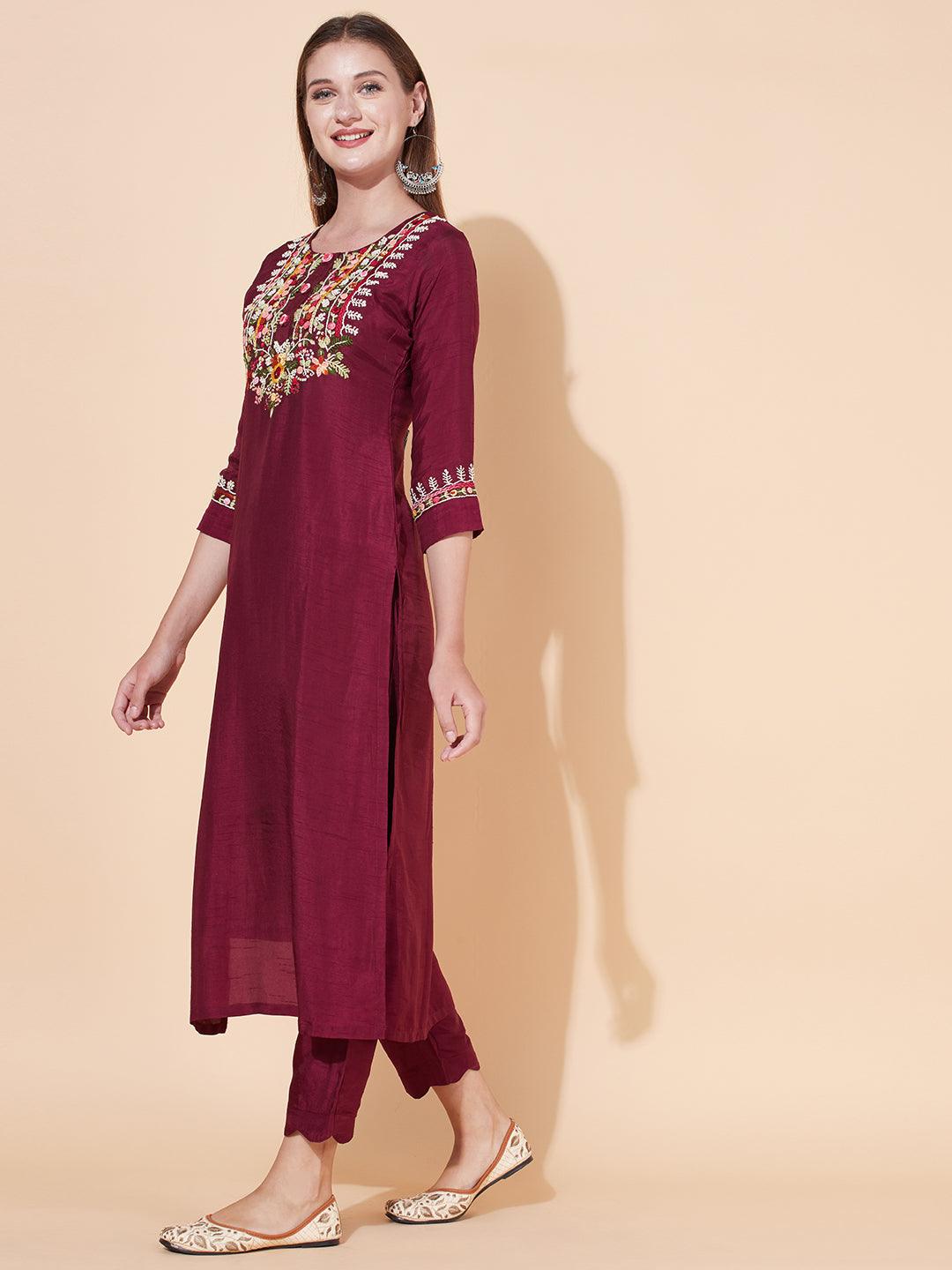 Floral Hand Embroidered Kurta with Pants & Dupatta - Wine - Indiakreations