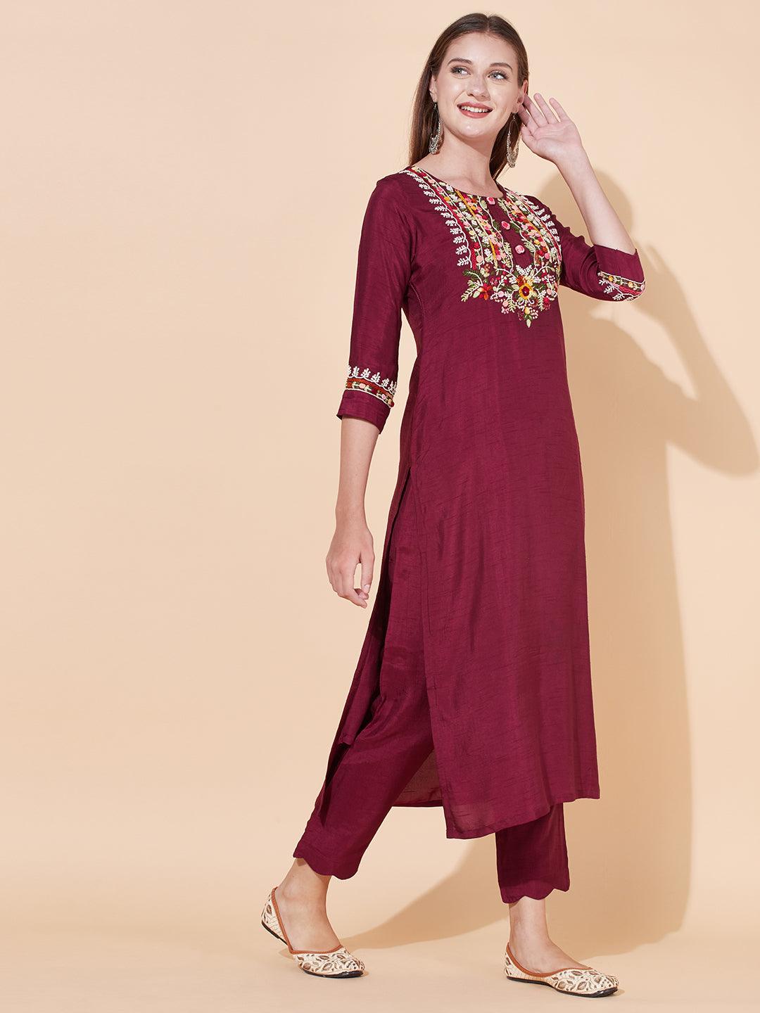 Floral Hand Embroidered Kurta with Pants & Dupatta - Wine - Indiakreations