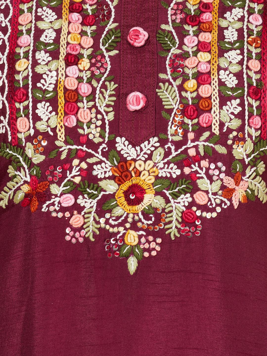 Floral Hand Embroidered Kurta with Pants & Dupatta - Wine - Indiakreations