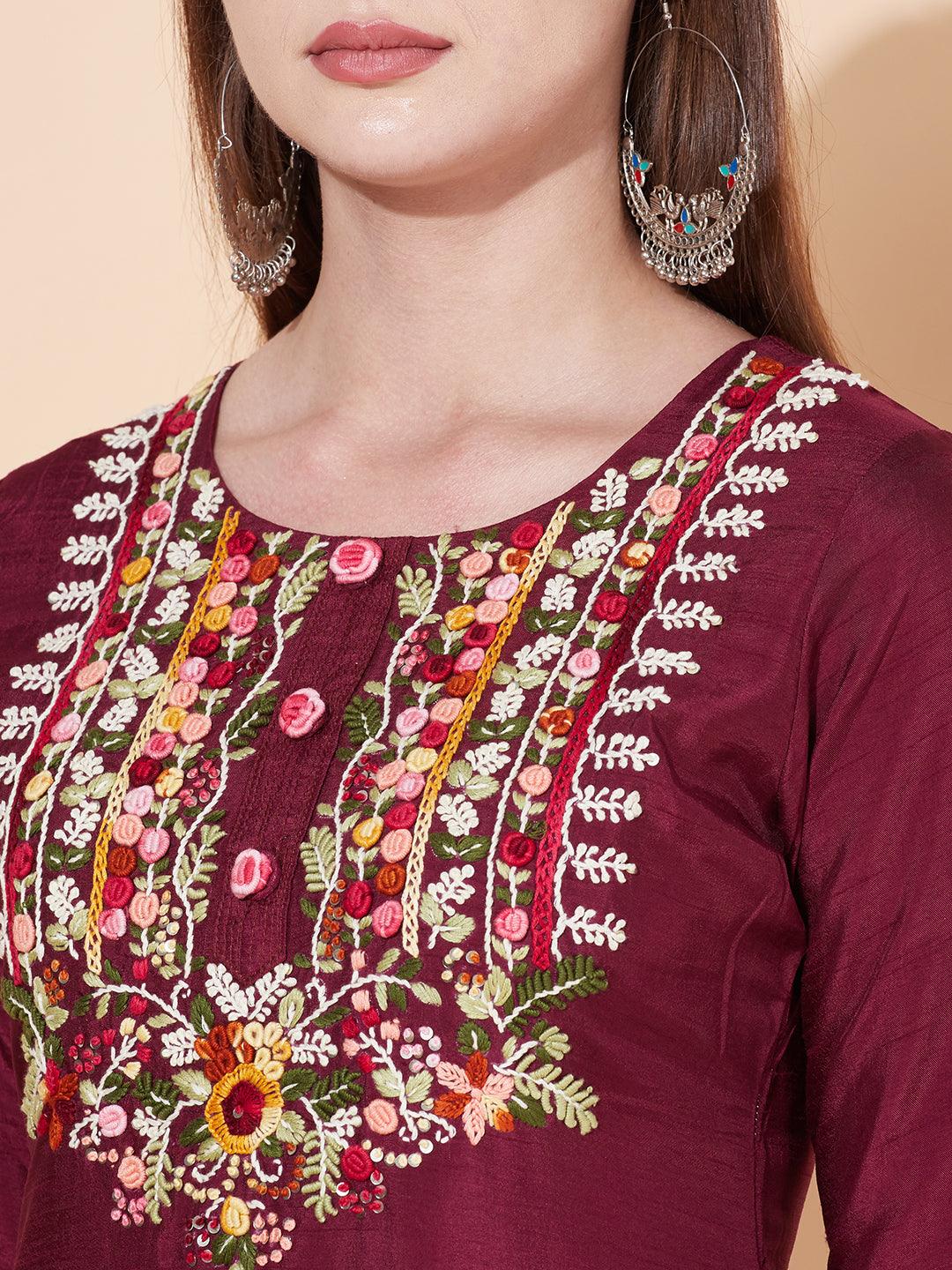 Floral Hand Embroidered Kurta with Pants & Dupatta - Wine - Indiakreations