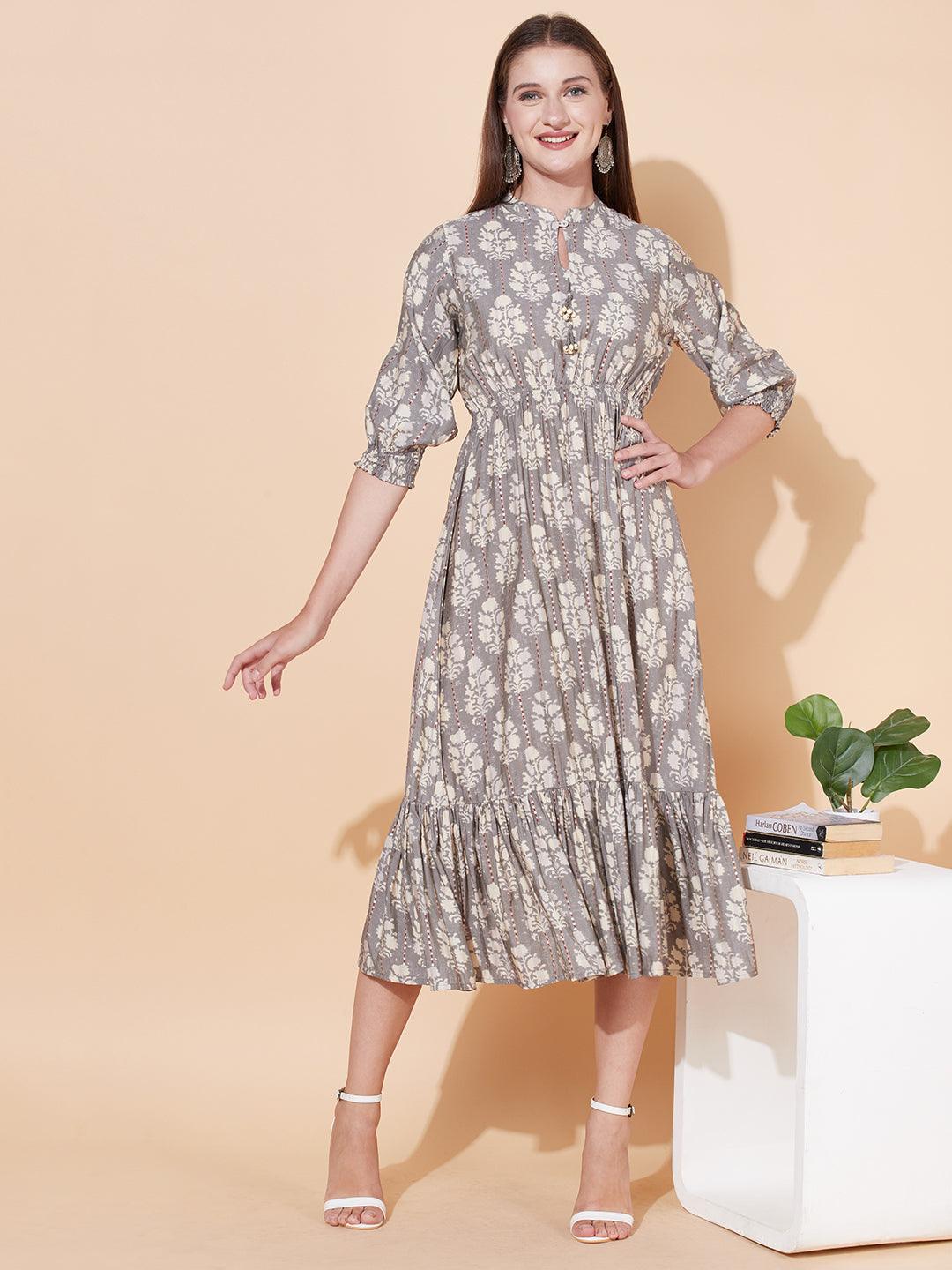 Ethnic Printed A-Line Flared Midi Dress - Light Gray - Indiakreations