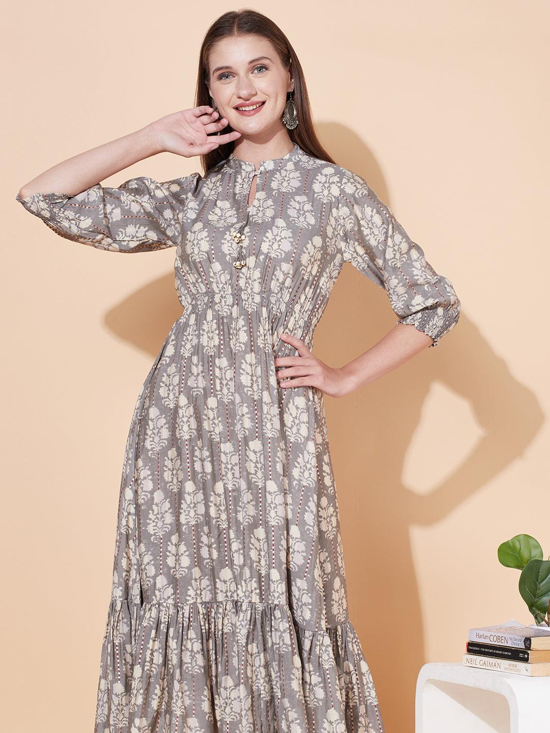 Ethnic Printed A-Line Flared Midi Dress - Light Gray - Indiakreations