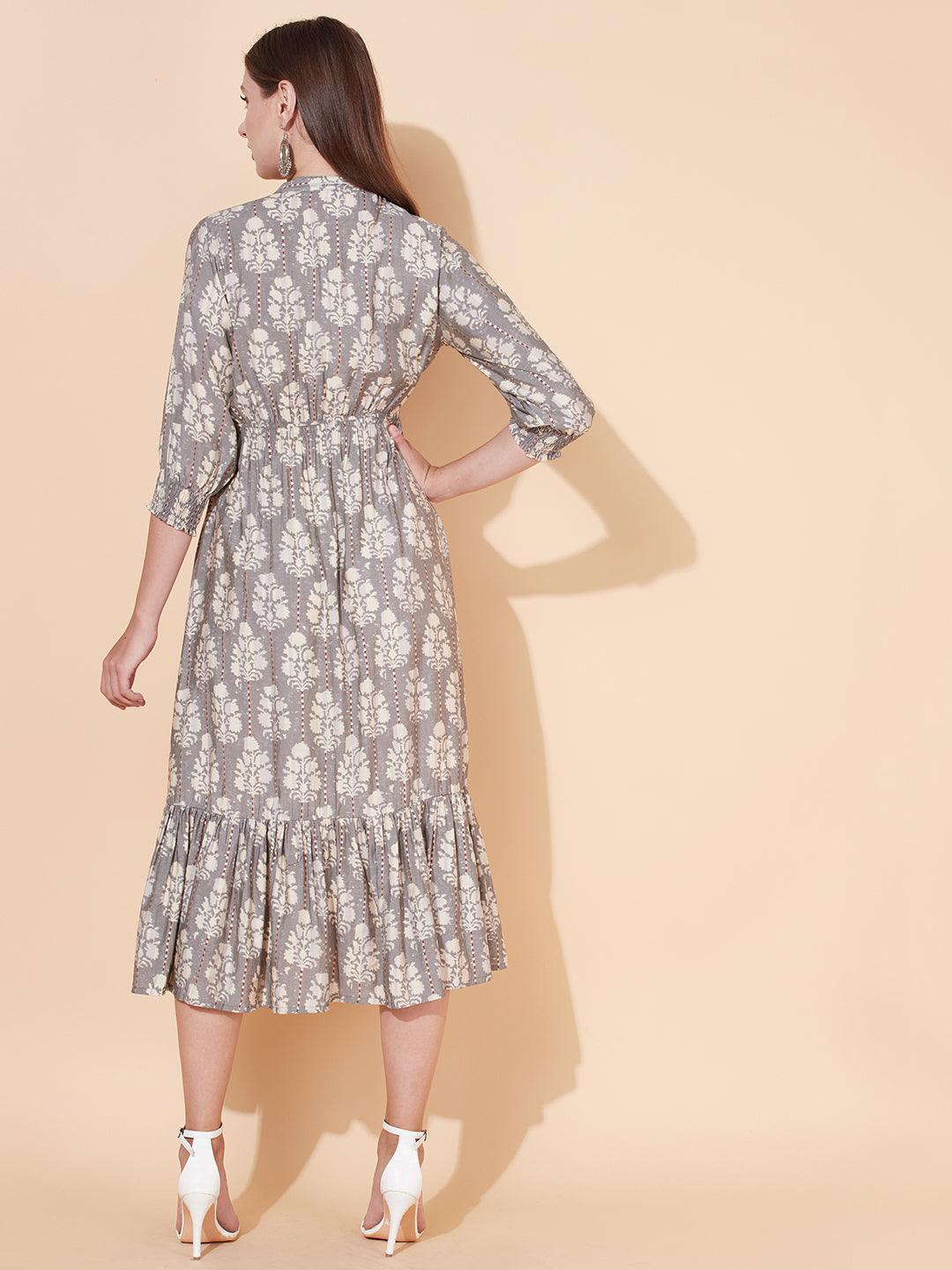 Ethnic Printed A-Line Flared Midi Dress - Light Gray - Indiakreations