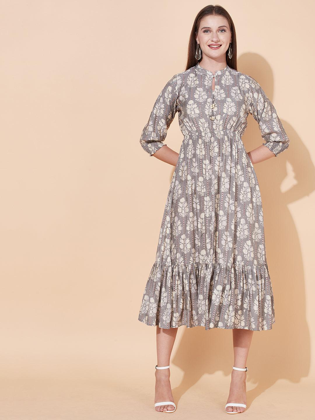 Ethnic Printed A-Line Flared Midi Dress - Light Gray - Indiakreations