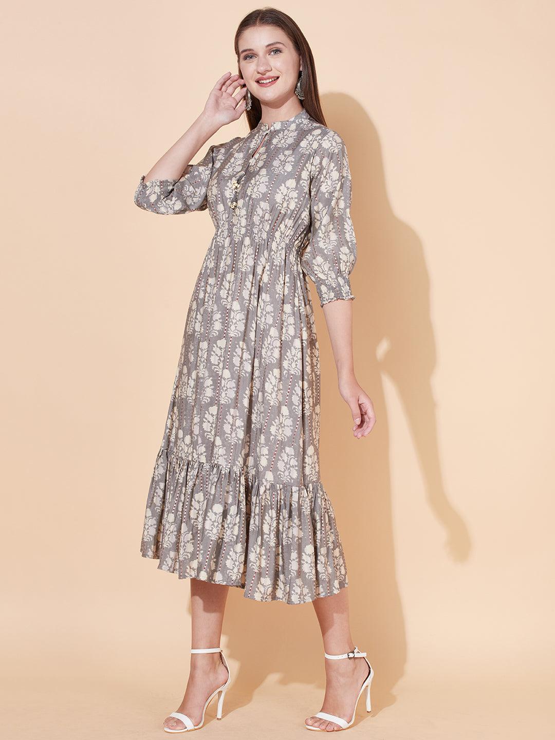 Ethnic Printed A-Line Flared Midi Dress - Light Gray - Indiakreations