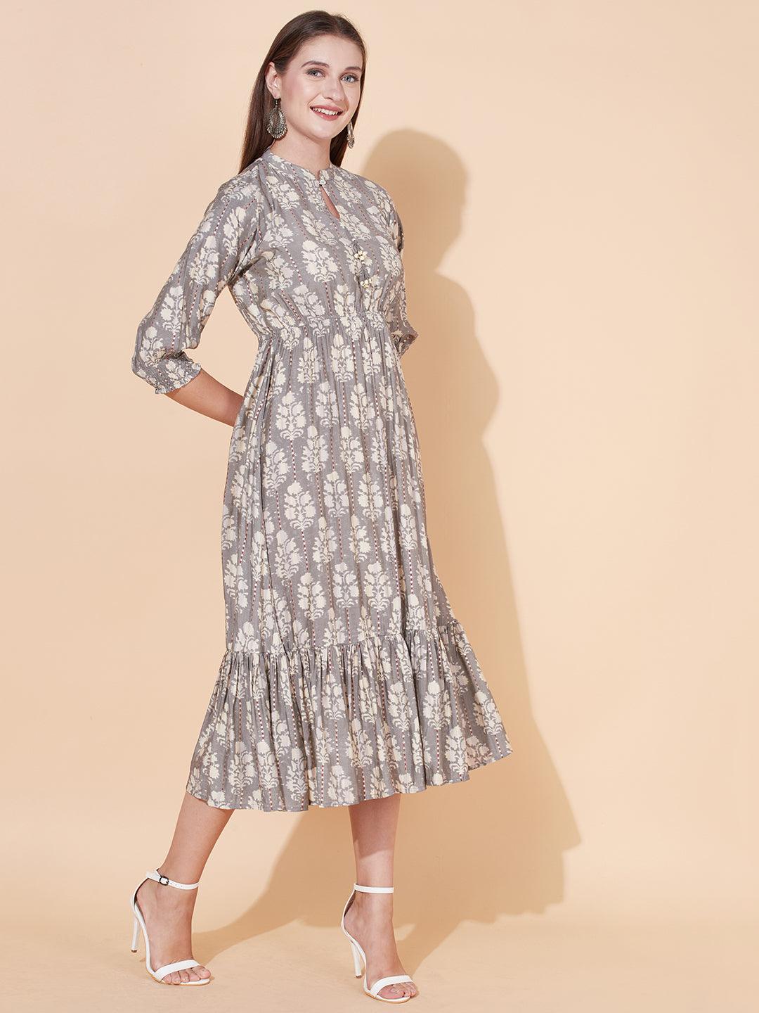 Ethnic Printed A-Line Flared Midi Dress - Light Gray - Indiakreations