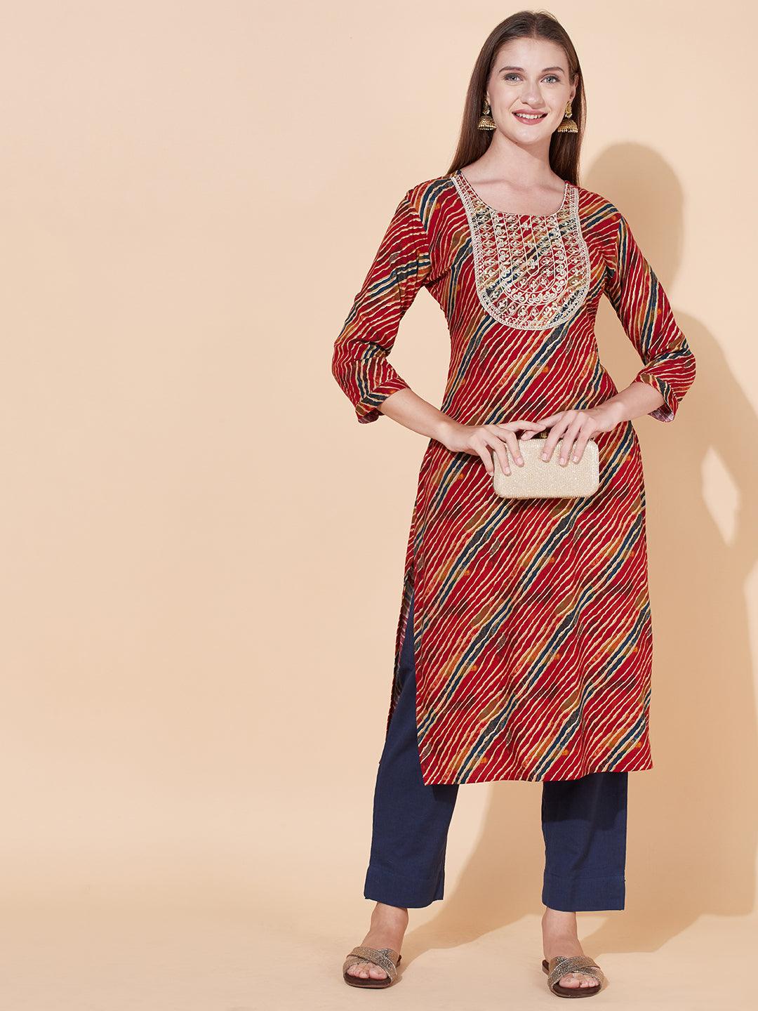 Leheriya Printed & Embroidered Straight Fit Kurta - Multi - Indiakreations