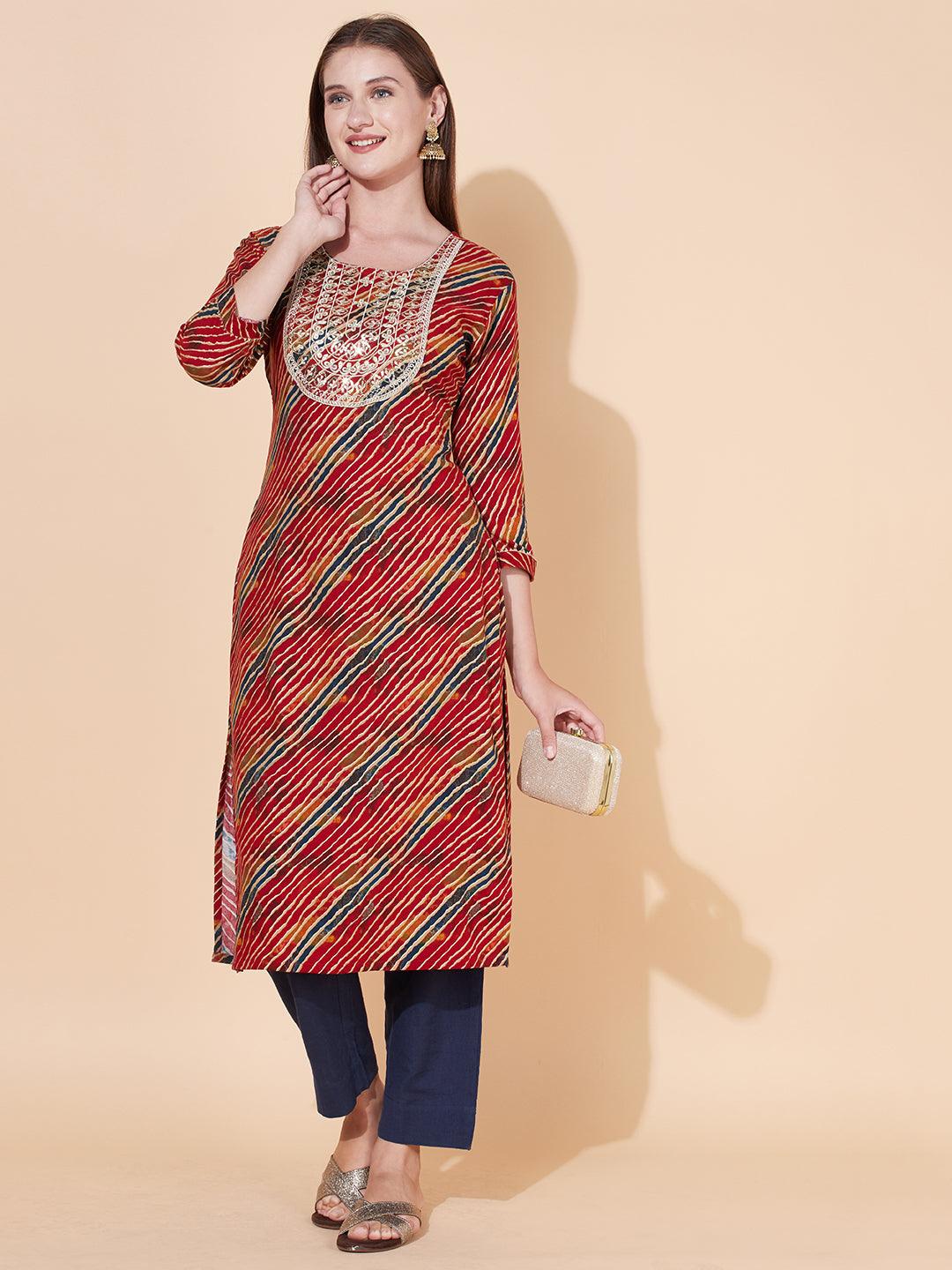 Leheriya Printed & Embroidered Straight Fit Kurta - Multi - Indiakreations