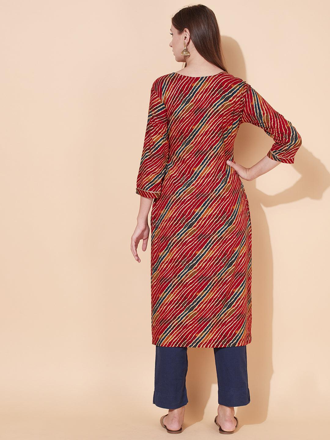 Leheriya Printed & Embroidered Straight Fit Kurta - Multi - Indiakreations