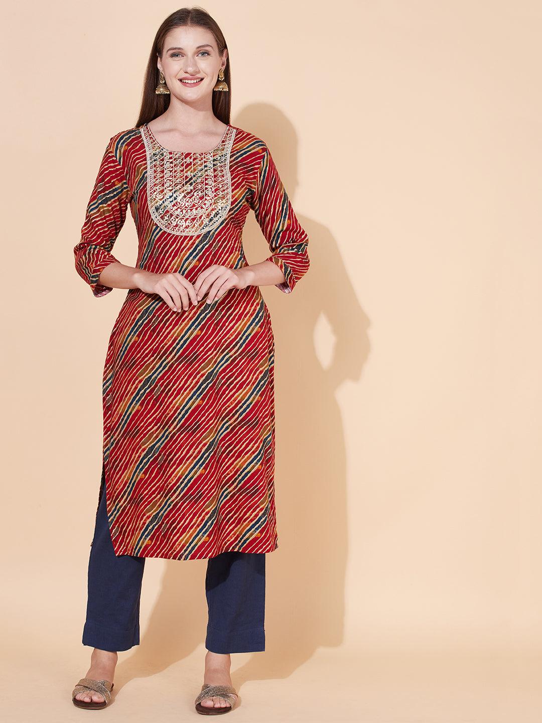 Leheriya Printed & Embroidered Straight Fit Kurta - Multi - Indiakreations