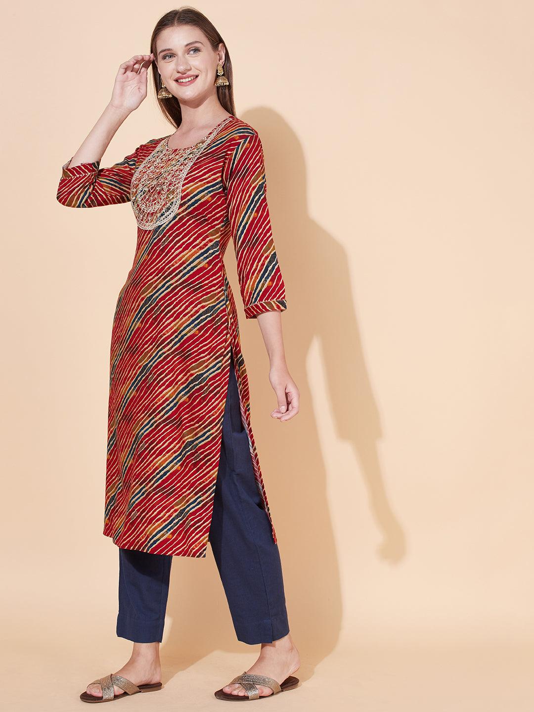 Leheriya Printed & Embroidered Straight Fit Kurta - Multi - Indiakreations