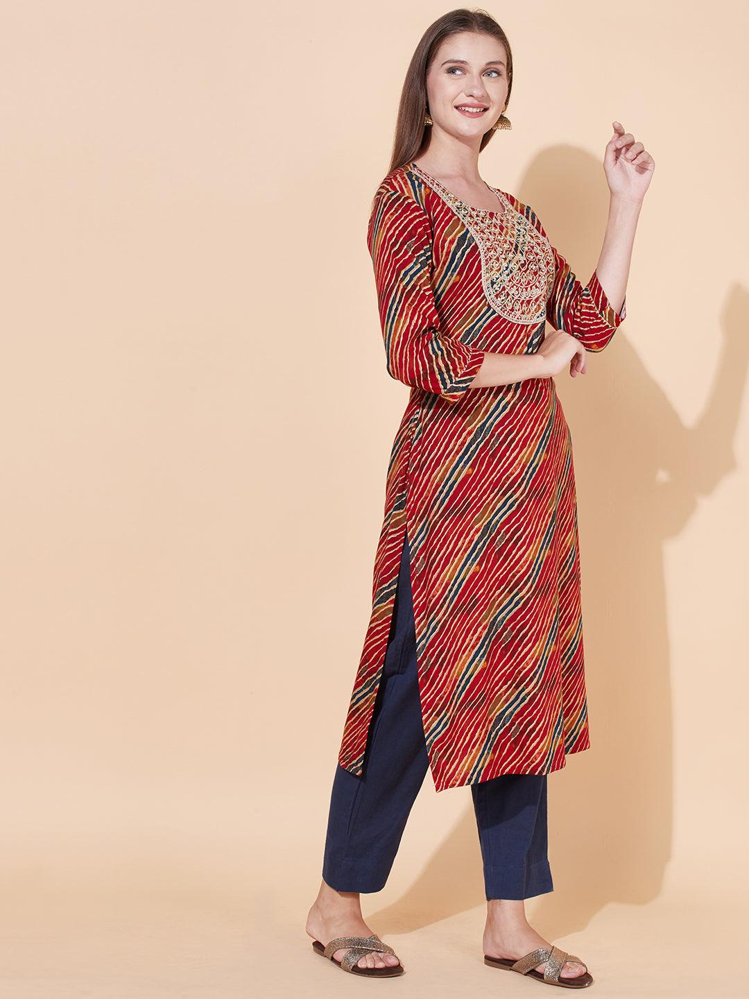 Leheriya Printed & Embroidered Straight Fit Kurta - Multi - Indiakreations