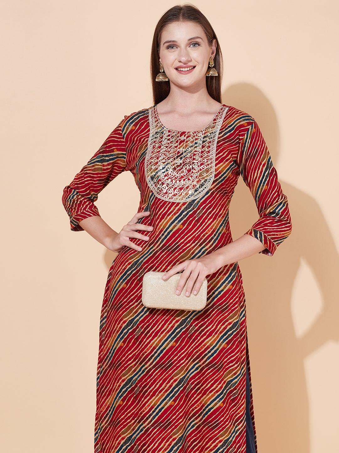 Leheriya Printed & Embroidered Straight Fit Kurta - Multi - Indiakreations