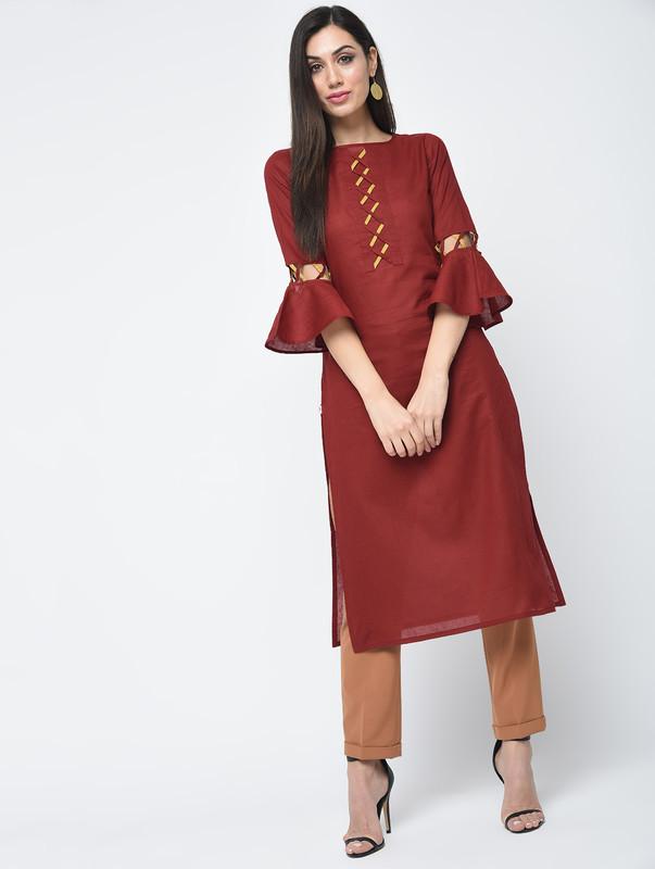 Women's Criss-Cross Bell Sleeves Straight Kurta - Aniyah