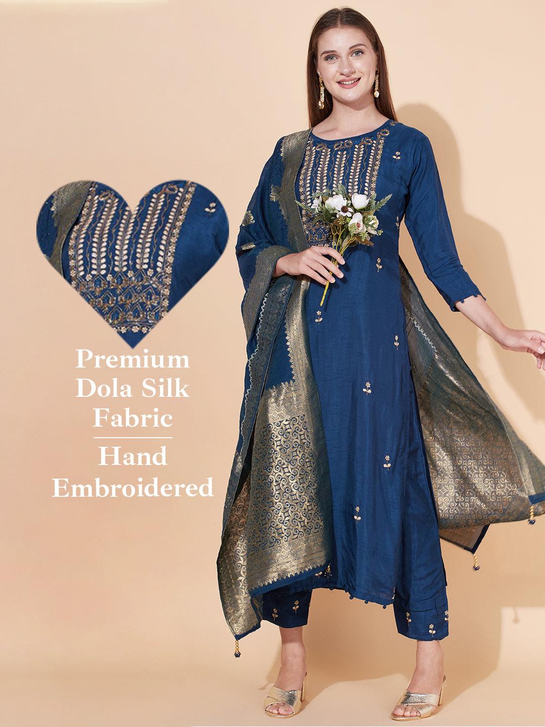 Ethnic Hand Embroidered Kurta with Pants & Dupatta - Aegean Blue - Indiakreations