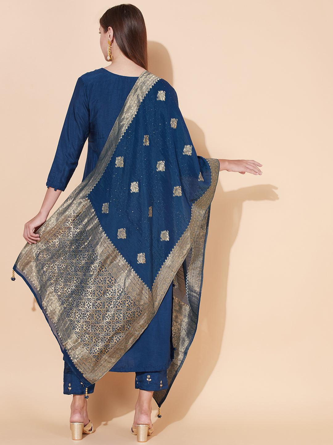 Ethnic Hand Embroidered Kurta with Pants & Dupatta - Aegean Blue - Indiakreations