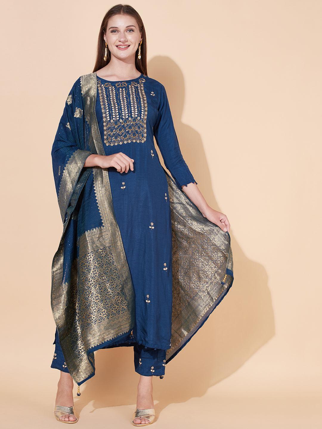 Ethnic Hand Embroidered Kurta with Pants & Dupatta - Aegean Blue - Indiakreations