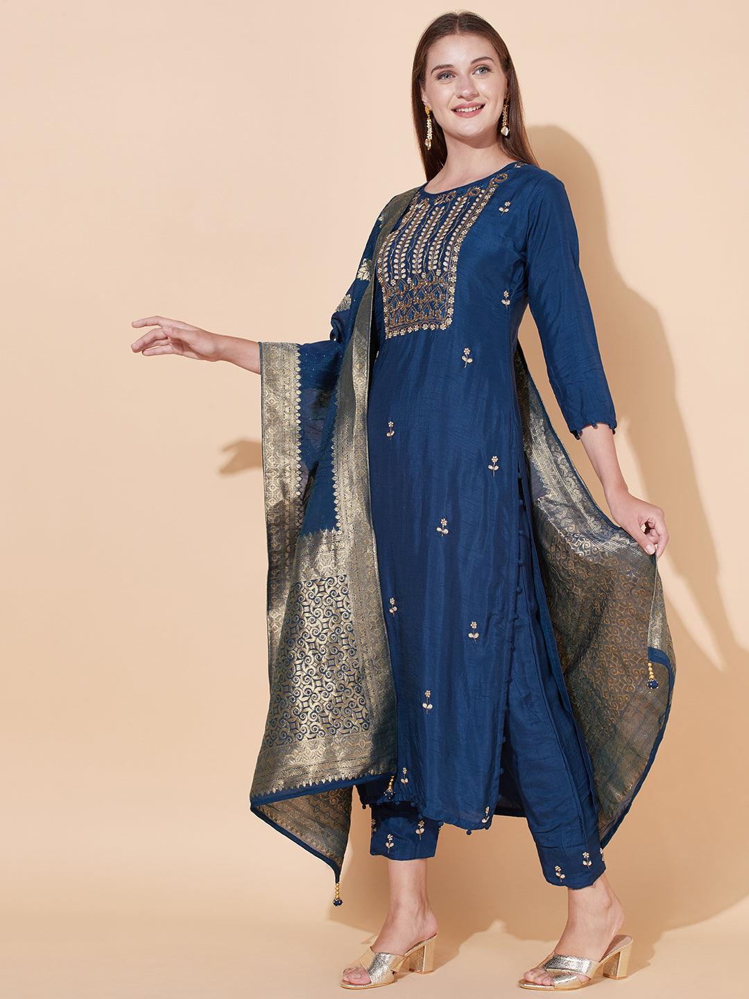 Ethnic Hand Embroidered Kurta with Pants & Dupatta - Aegean Blue - Indiakreations