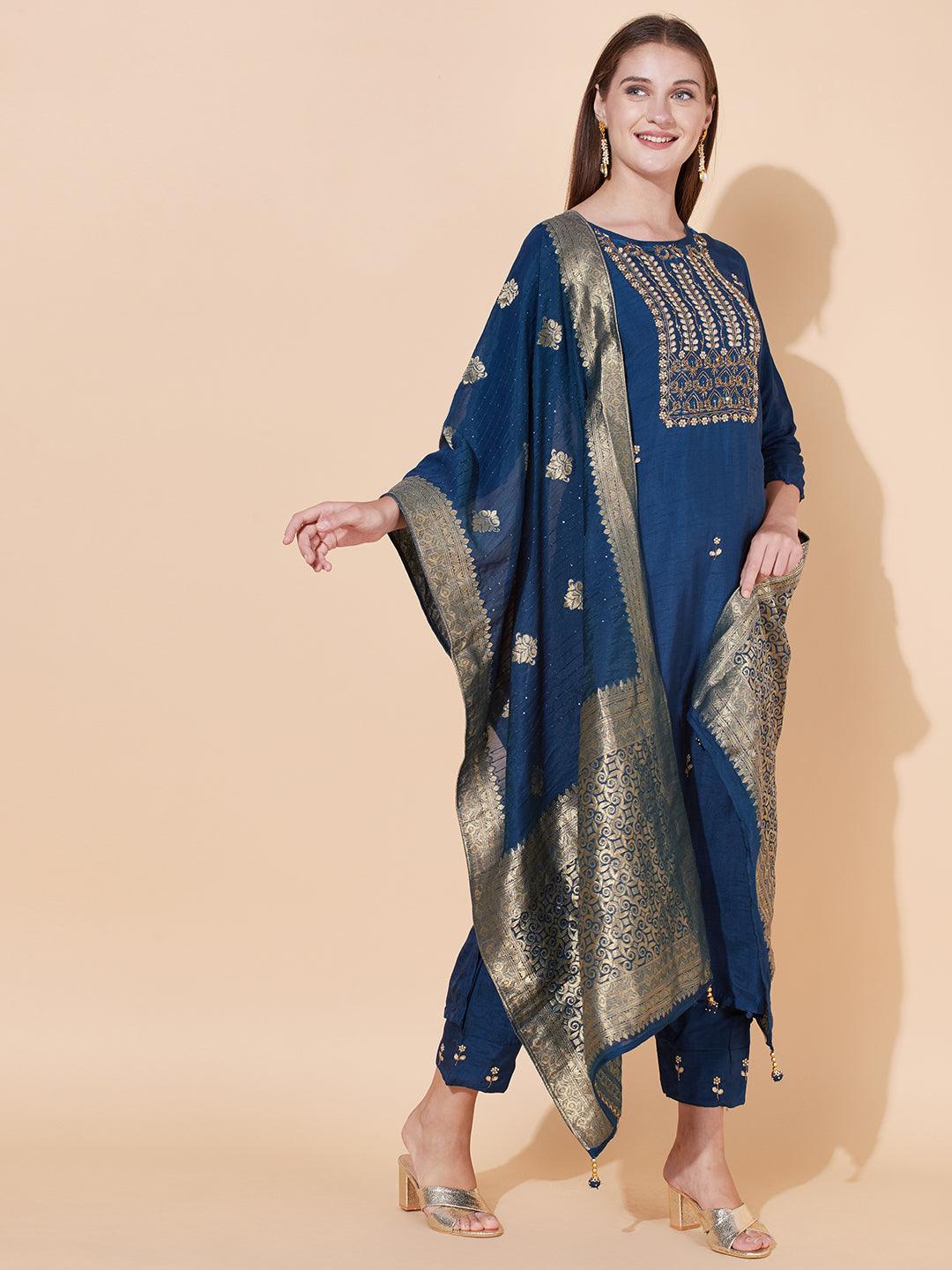 Ethnic Hand Embroidered Kurta with Pants & Dupatta - Aegean Blue - Indiakreations